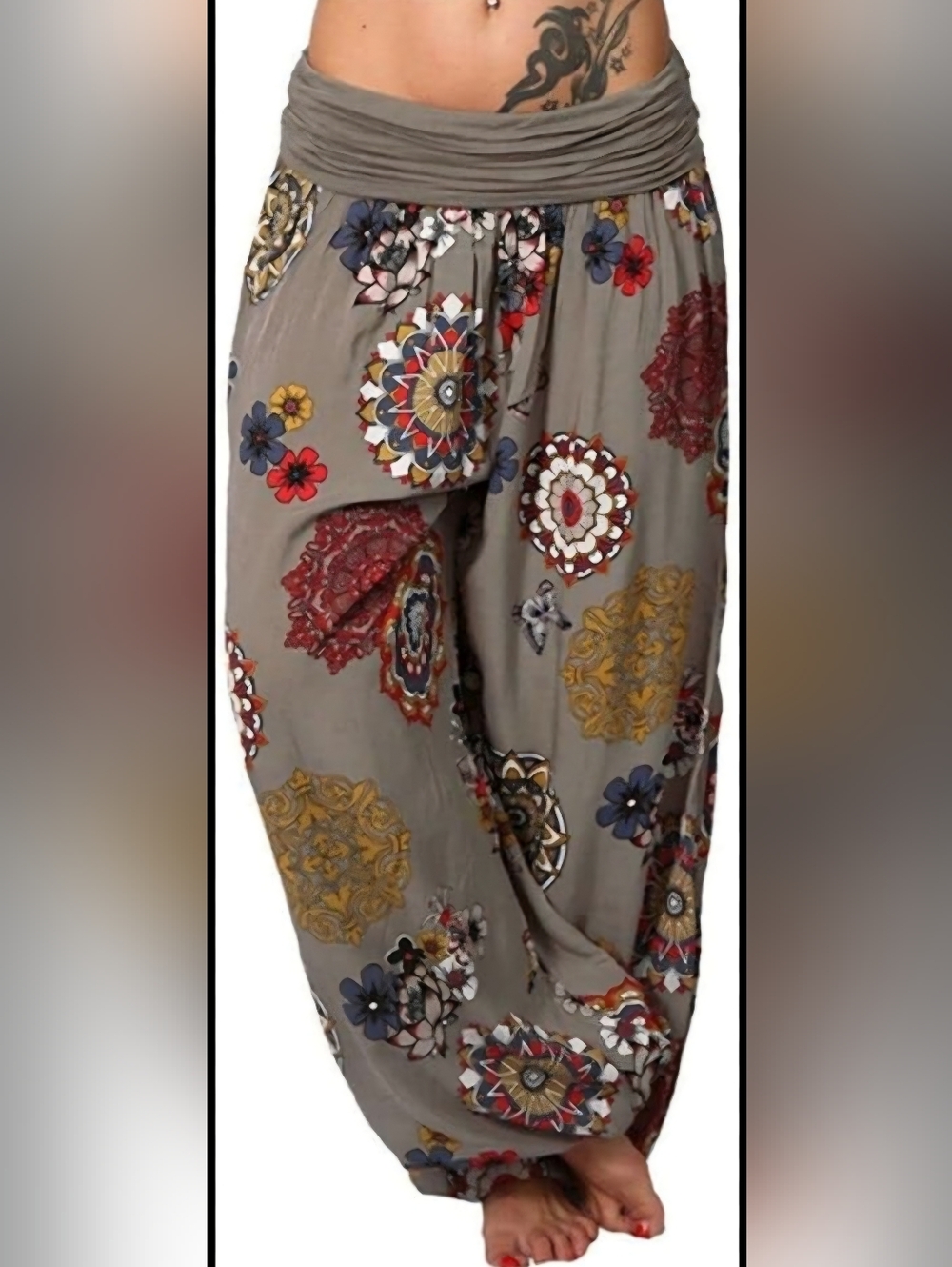 Women’s Harem Pants Gray Floral Boho Satin Polyester Elastic Waist Relaxed 5XL
